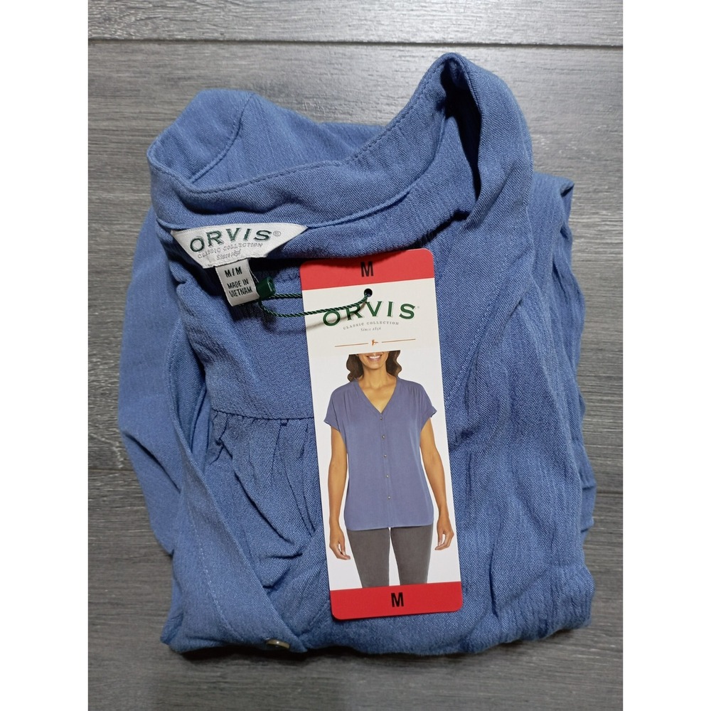 Orvis Shirt Womens Medium Blue Rayon Button Up Short Sleeve Collared Top 1770085
